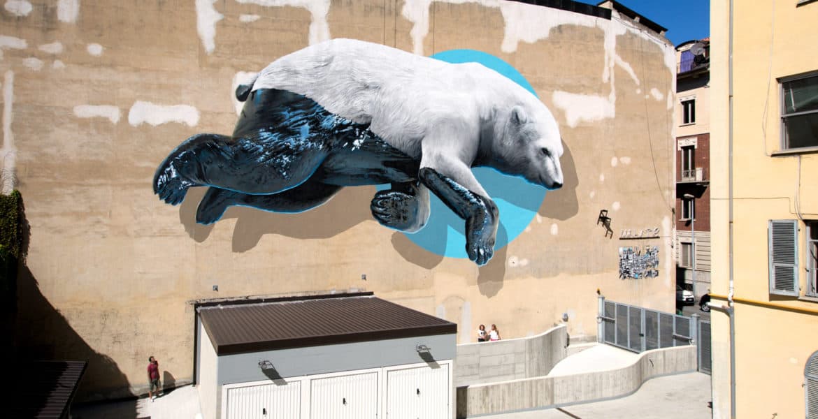 "Black machine" - Mural painting and installation realized on the Colosseo theater in Turin (I), 2015. Project in collaboration with Teatro Colosseo and Square23 Gallery.